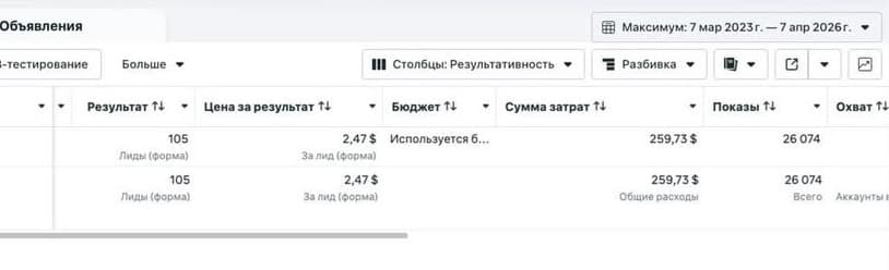 Meta Ads manager results screenshot
